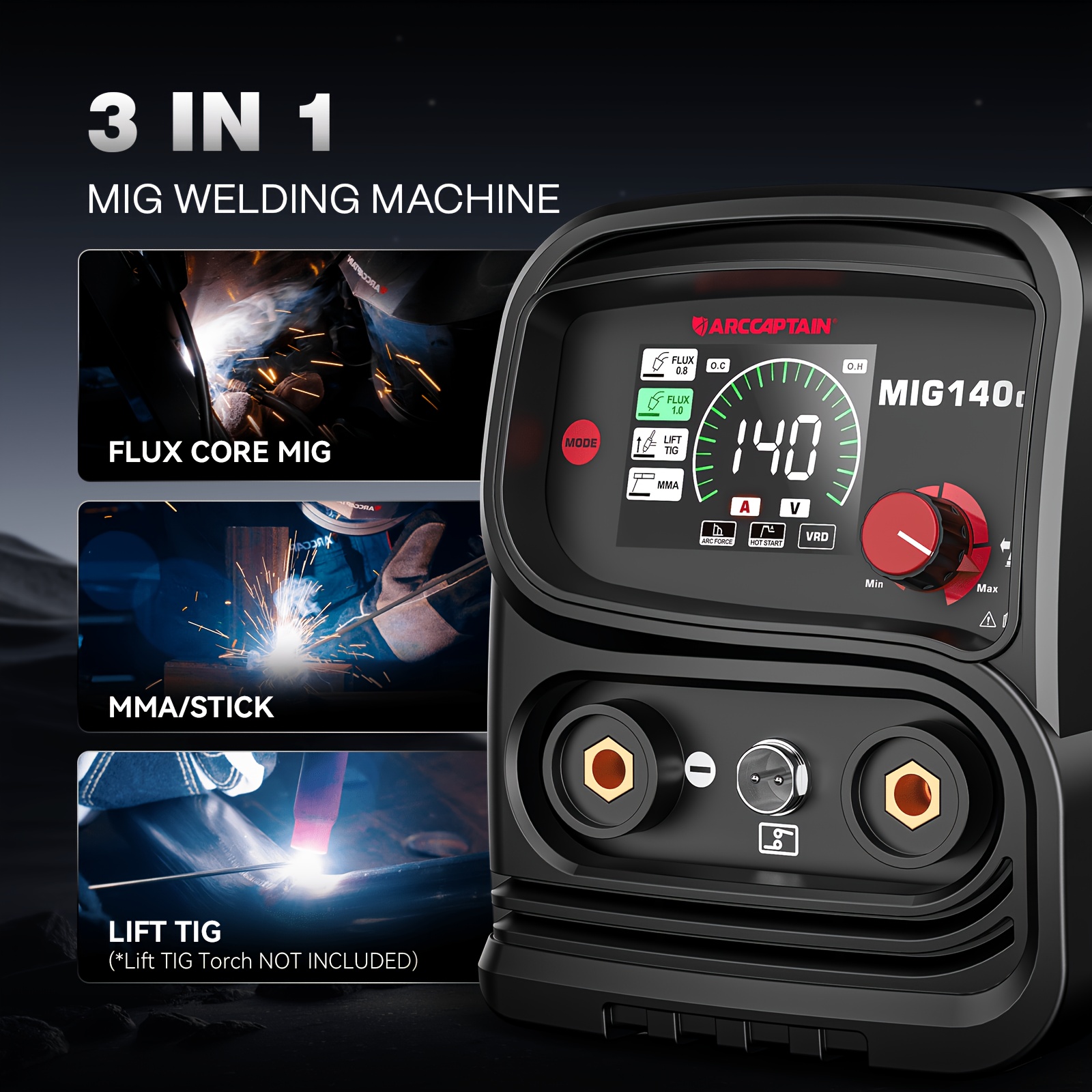 Image of Arccaptain Plus 140amp 3-in-1 Mig Welder 230v, Gasless Mig/lift Tig/stick Welding Machine With Control & Igbt Inverter Portable Lcd Display For Home Diy And Auto Repair