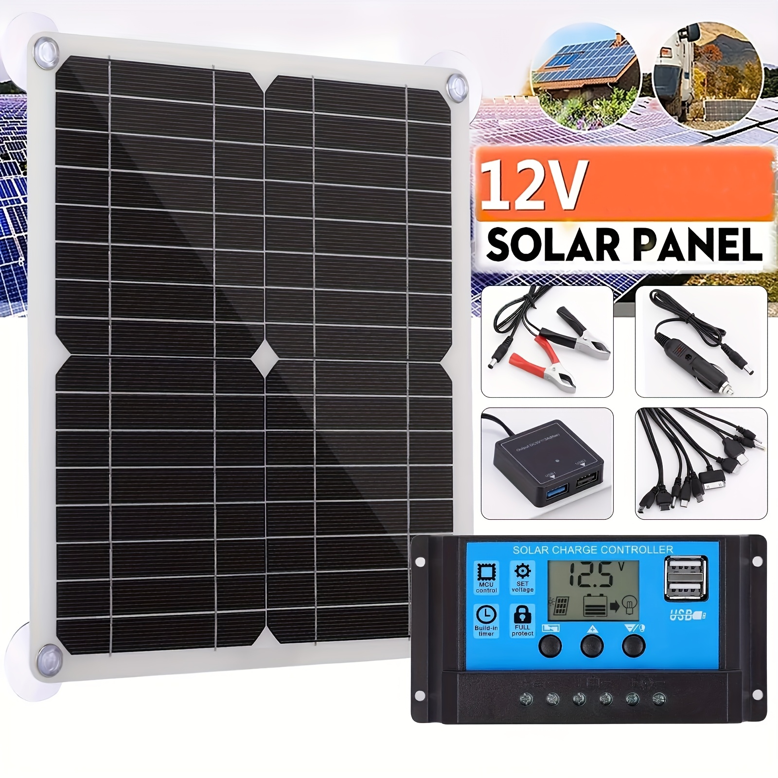 

20 Solar Panel Kit 12v Battery Charger With Controller Boat, Solar Panel Charger Monocrystalline Silicon Charge Controller Solar Panel Kit With Extension Cable Battery Clip For Rv Outdoor Camping