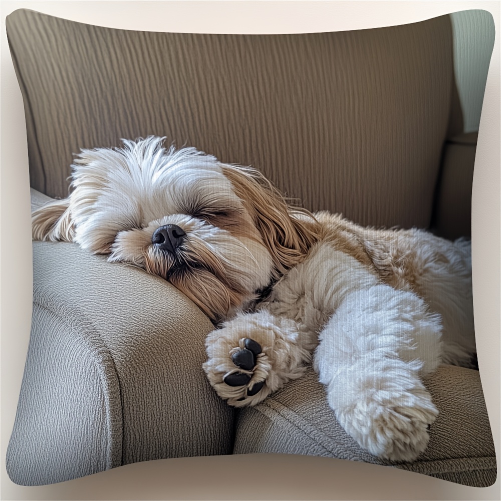 

1pc Sleeping Shih Tzu Rustic Christmas Cushion Cover - Double-sided Print, Zipper Closure, Cozy Winter Decor For Farmhouse, Modern Sofa, Or Living Room, Polyester Material, Machine Washable