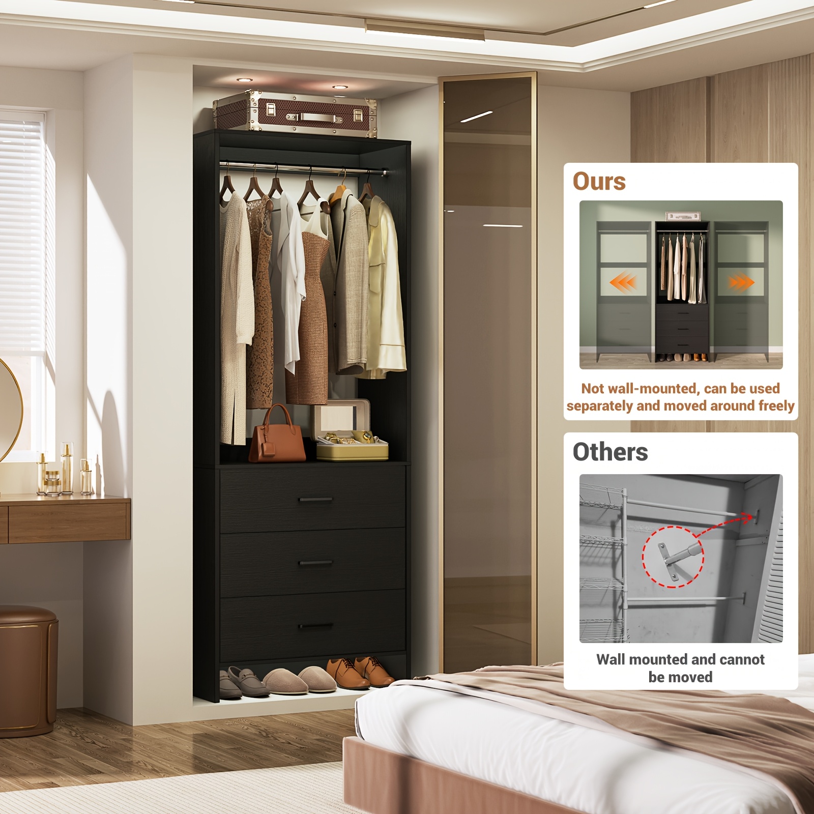 Wardrobe with 3 Drawers, 24 Inch Closet Organizer, Wooden Closet, Walk-in Closet