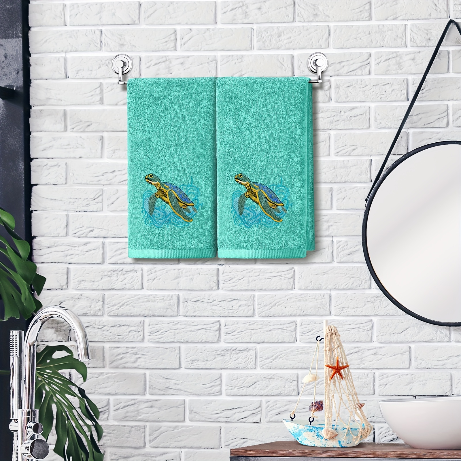 TEMU 2pcs Sea Turtle Hand Towels Teal Bathroom Decor 14x29 Inch Embroidered 100% Cotton Soft Absorbent Spring Summer Decorative Hand Towels For Bathroom Kitchen
