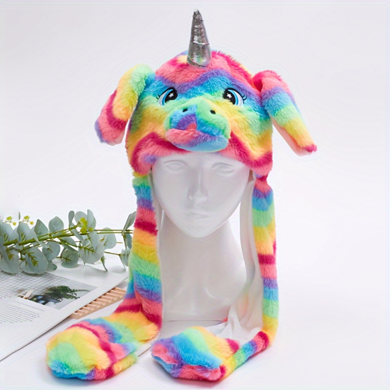 

Cartoon Unicorn Plush Hat With Moving Ears - Cozy Winter , Ear & Neck Protection, Rainbow Striped Fleece Headgear, Non-stretch, Hand-washable For Back-to-