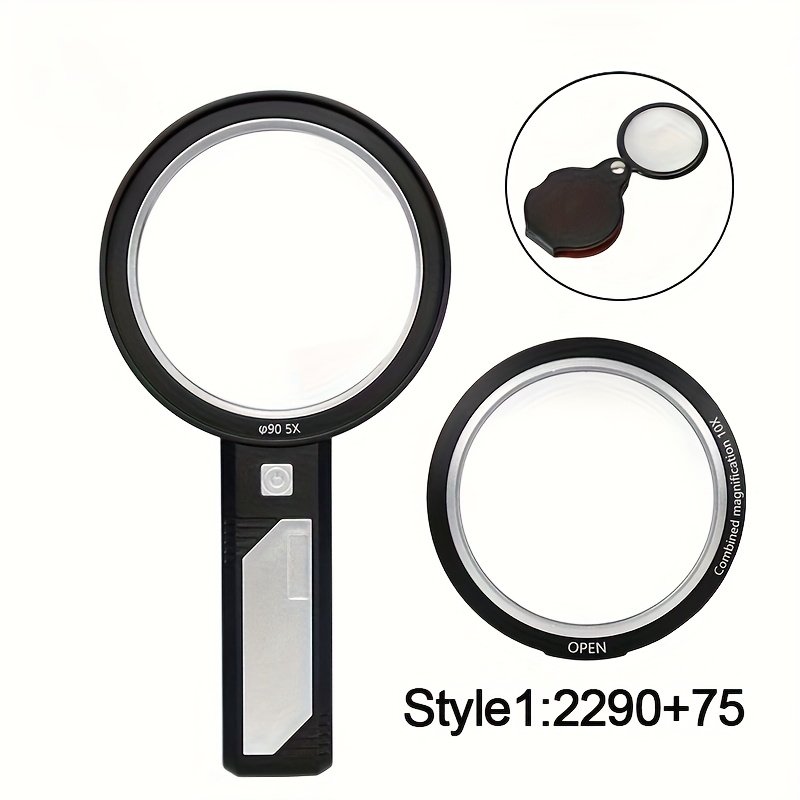 Image of Handheld Magnifier + Mini Folding Magnifier Set (2-pack), 5x/10x/15x Magnification, Portable Handheld Magnifying Glass With 6 Led Lights, For Reading, Jewelry , Coin Observation (no Battery)