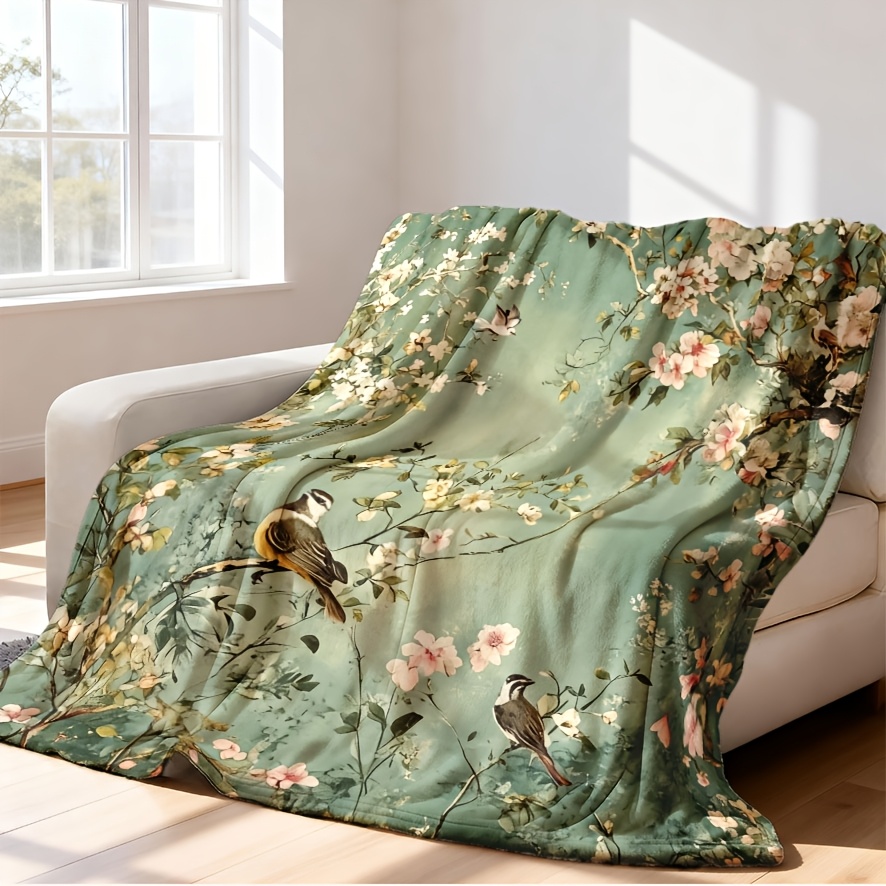 TEMU Retro Floral Bird Print Flannel Blanket - Soft And Comfortable, Use, Suitable For Sofa, Bed, Car, Office, Camping, And Travel, Green Background
