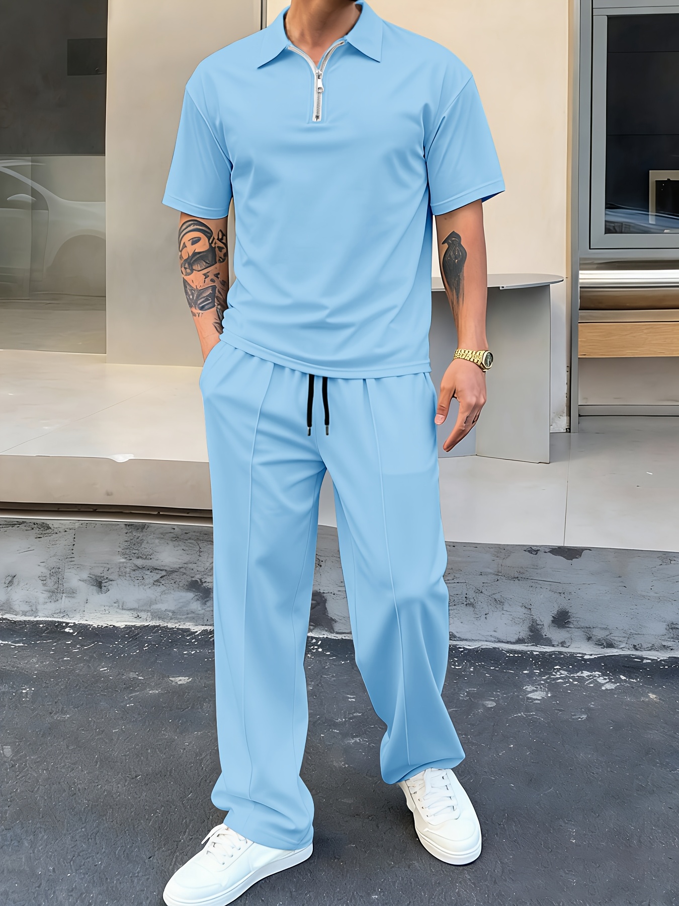 1 vnt. vyriškas 2 dalių marškinėlių su užtrauktuku ir kelnių su raišteliais komplektas, kasdienis sportiškas stilius, lengvas, kvėpuojantis, greitai džiūstantis, vasaros kasdienis drabužių komplektas atostogoms, kelionėms į darbą