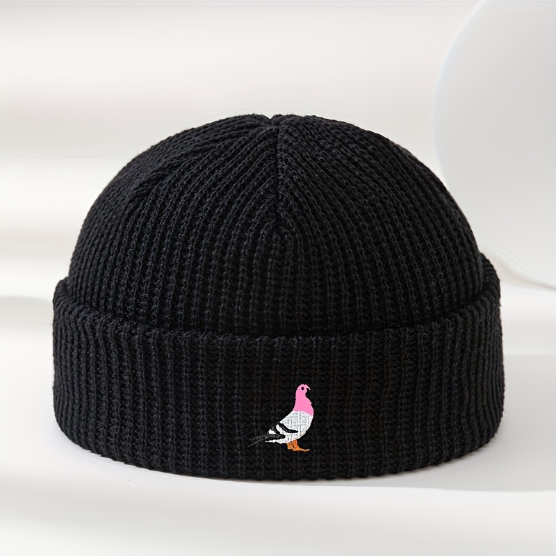 Image of An Outdoor Men's Autumn/winter Pigeon Embroidery Warm Knit Hat, Unisex Outdoor Warm Casual Brimless Beanie, Fashionable And Versatile Ski Hat, Cycling Cap