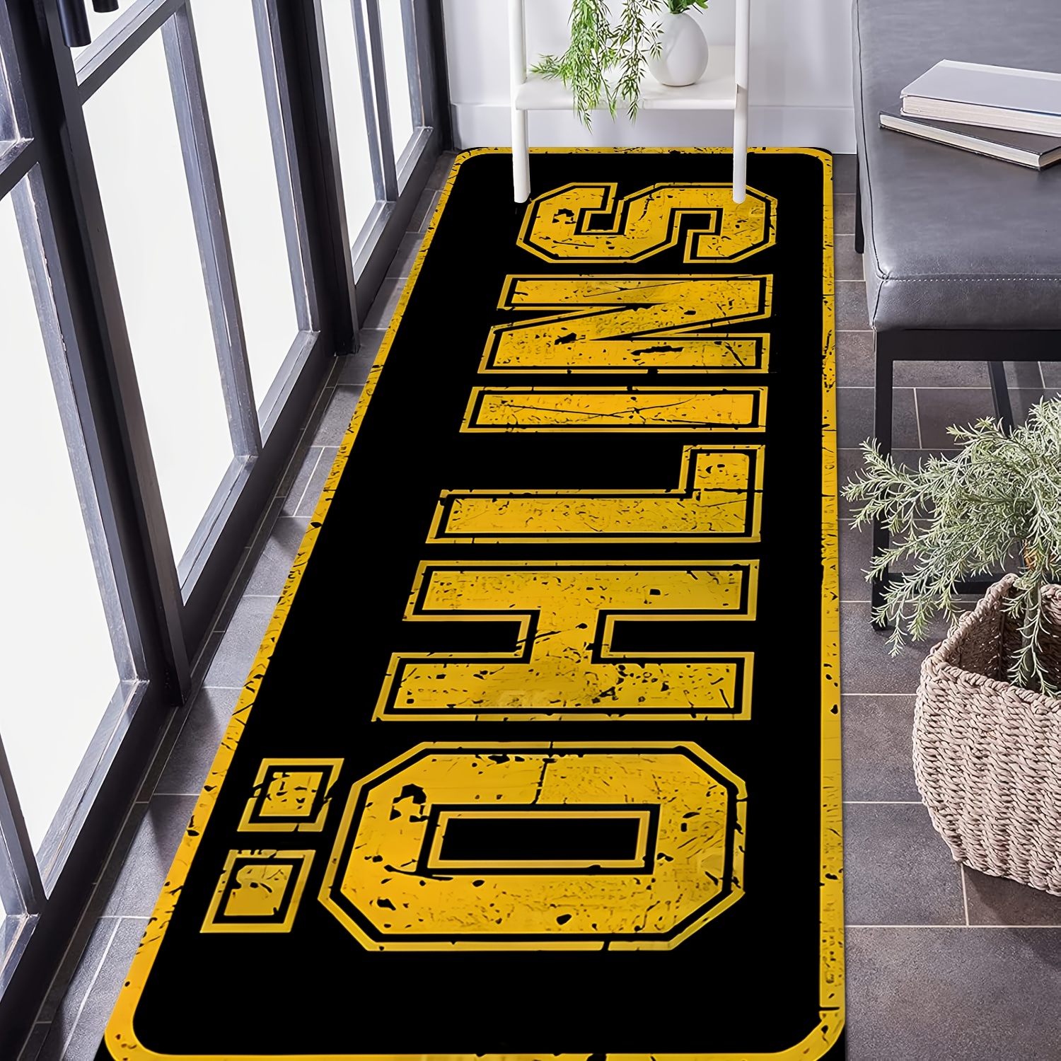 TEMU 2d Flat Printing Flannel Modern Minimalist Style Long Runner Rug, Golden Vintage Letter Racing English Decorative Pattern Non-slip Hallway Mat,