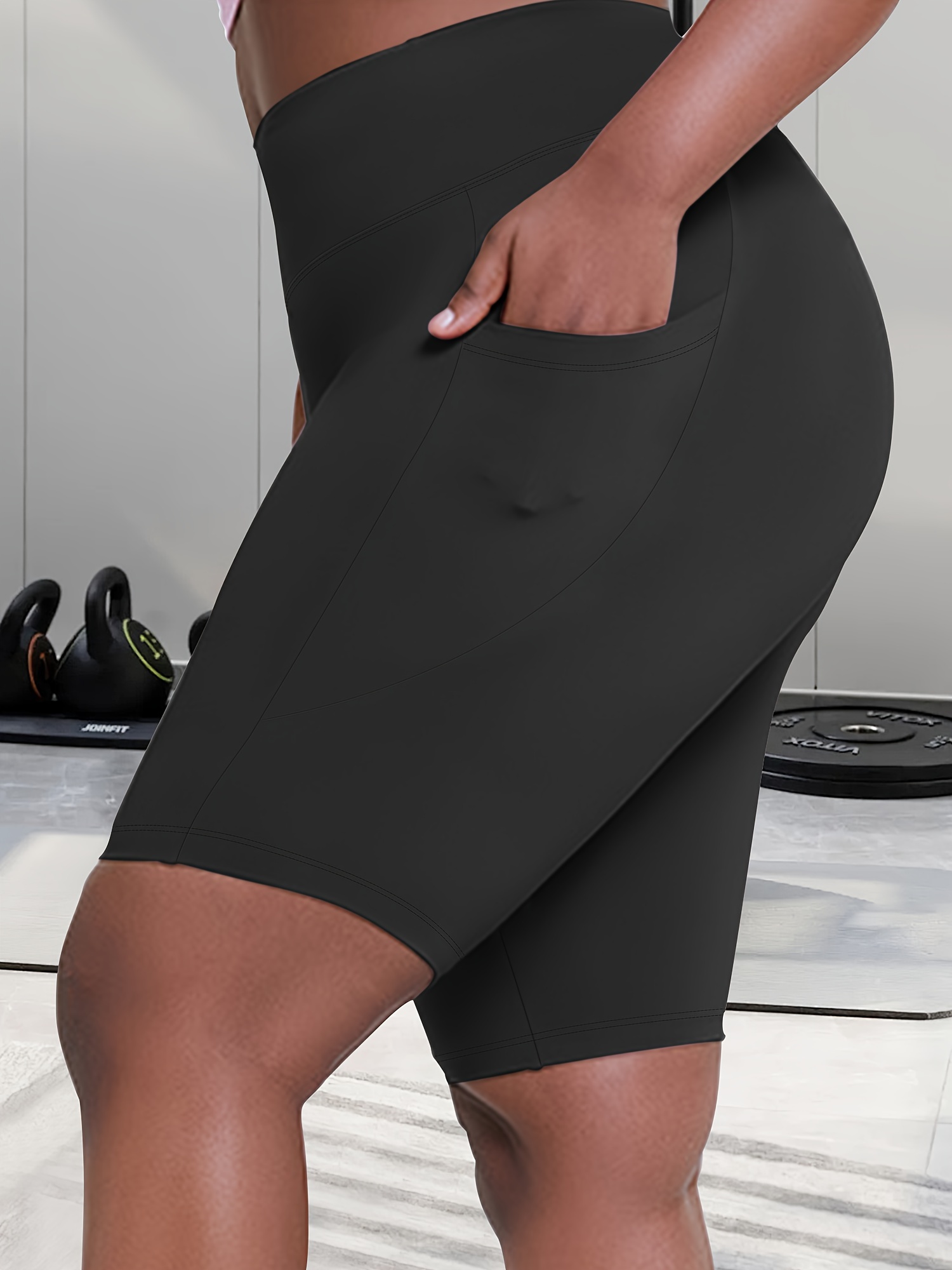 Women's High-Waisted Plus Size Side Pocket Shorts, Breathable Workout Leggings For Women, Fitness Apparel