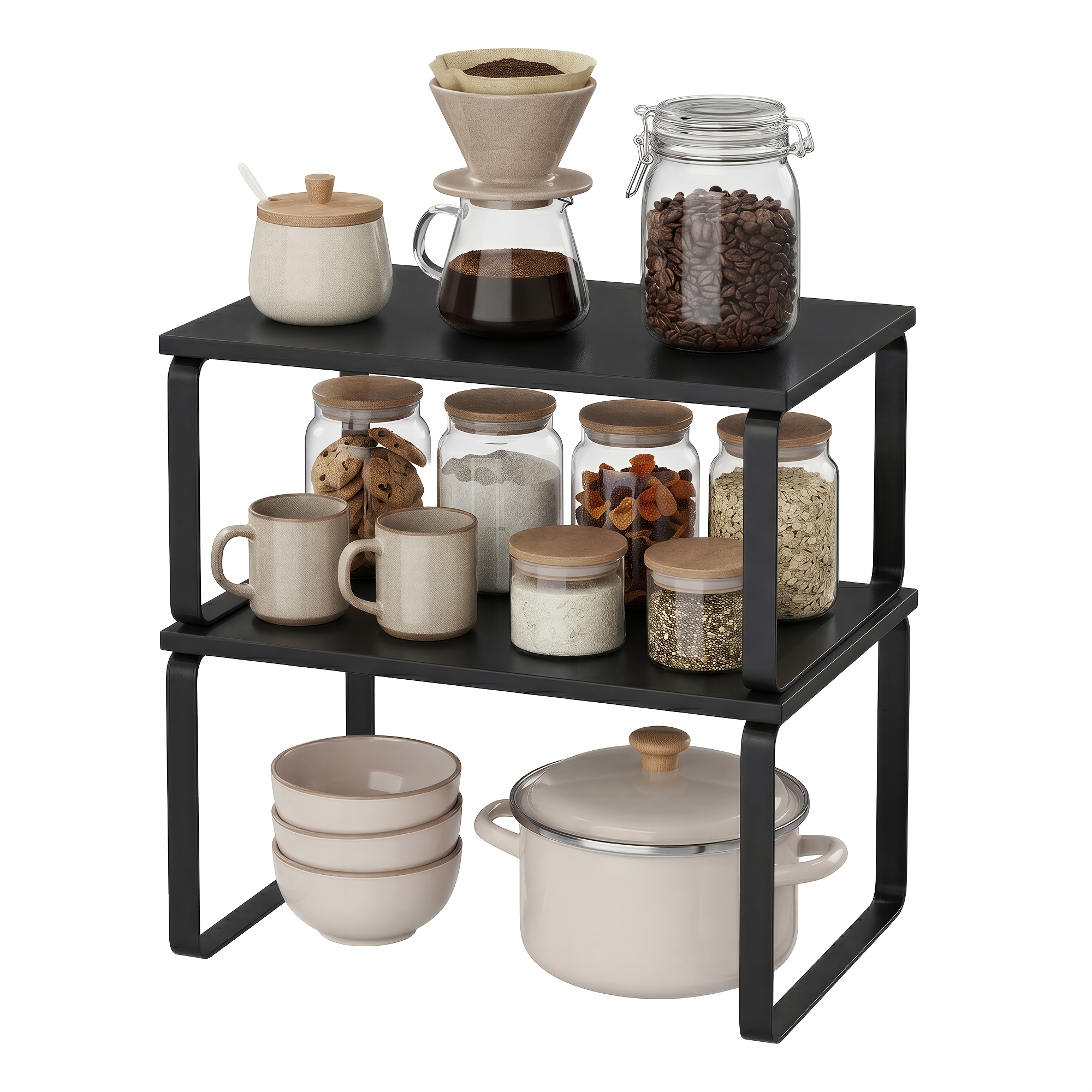 TEMU Organizador de Gabinete , Juego de 2 Estantes de Almacenamiento para Cocina, Estante Apilable para Especias, Nogal y Negro, Negro Mate, Mate,