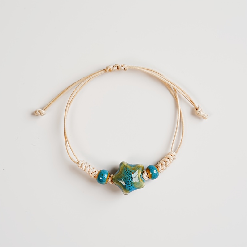 Adjustable Ceramic Star Charm Bracelet Handwoven Rope Daily Wear