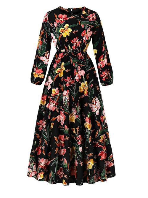 elegant floral print long sleeve midi dress for women round neck a line silhouette for parties casual or formal occasions floral dress