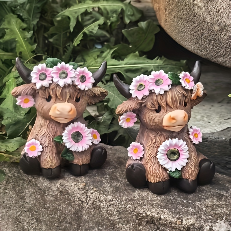 E-shop 2 Stück Harz-Dekorationen mit Hochlandrindern rosa Kränzen – als Pflanzgefäße, Federmatten oder vielseitige Deko. Geschenke für Halloween