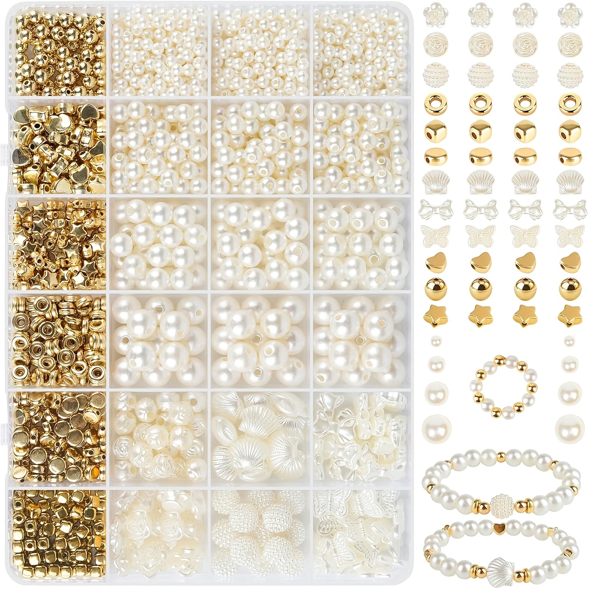 

1000pcs Elegant White & Golden Acrylic Pearl Bead Set - Polished, Shapes & Sizes In 24-grid Organizer For Making & Crafts, Ideal Valentine's Day Gift, Charms For Jewelry Making