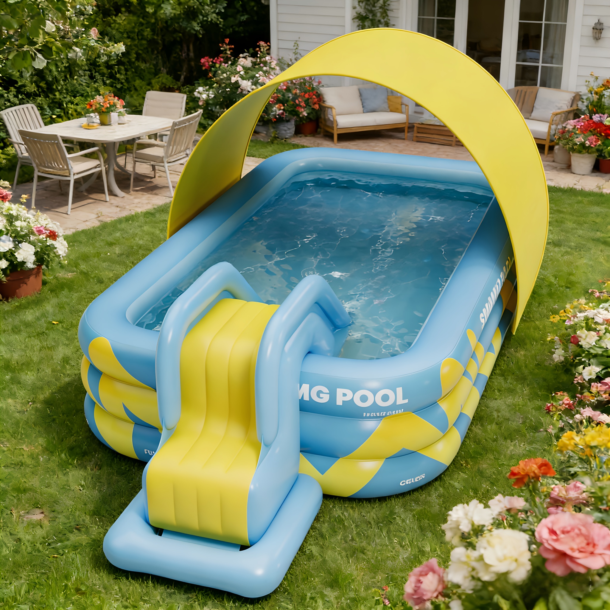 large inflatable swimming pool 59in 82in 118in 3 layer blue striped rectangular pool with   accessories   with slides and sunshades durable pvc material suitable for home garden parties and backyard entertainment