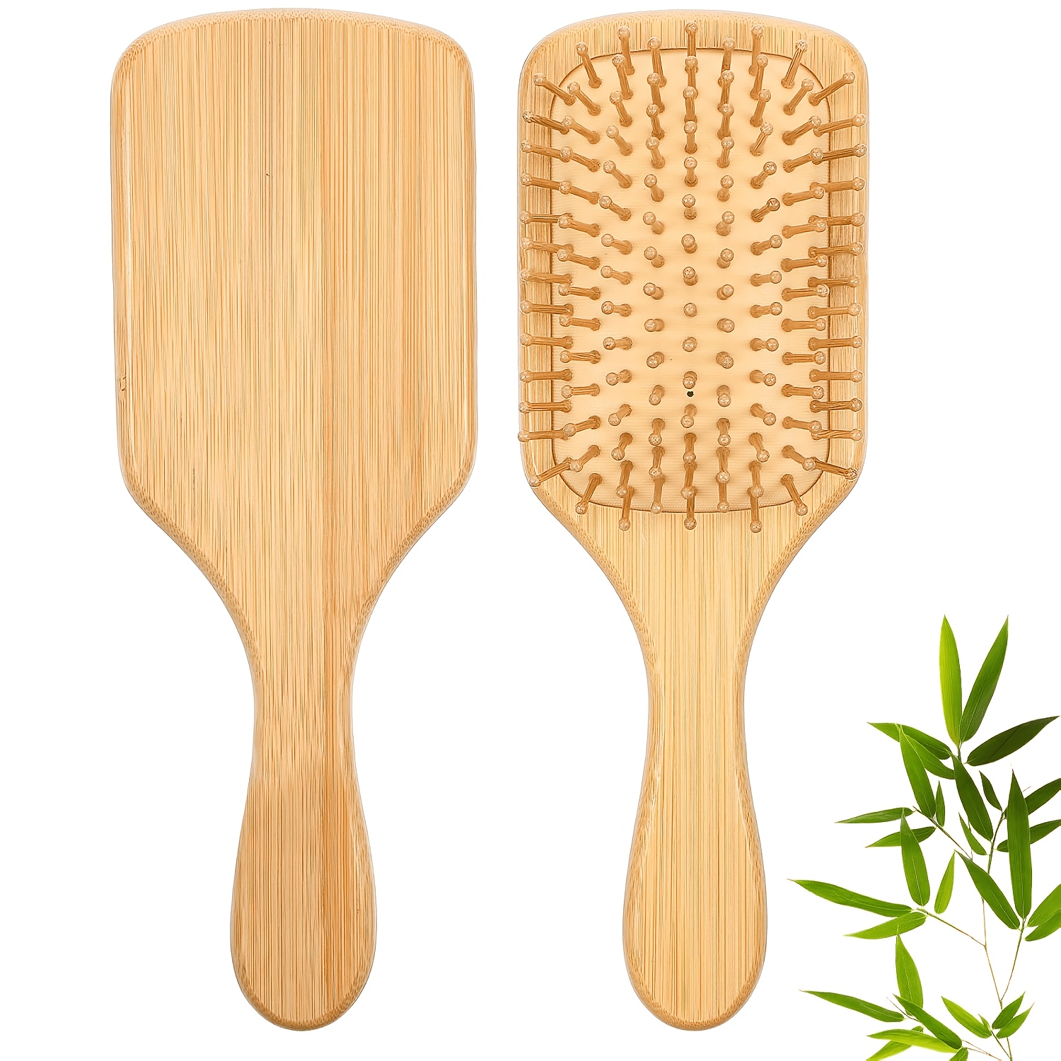 TEMU 2pcs Bamboo Paddle Hair Brush Set With Handle, Natural Bamboo Detangling Hairbrush, Scalp Massage Hair Comb For Women And Men, Portable Travel
