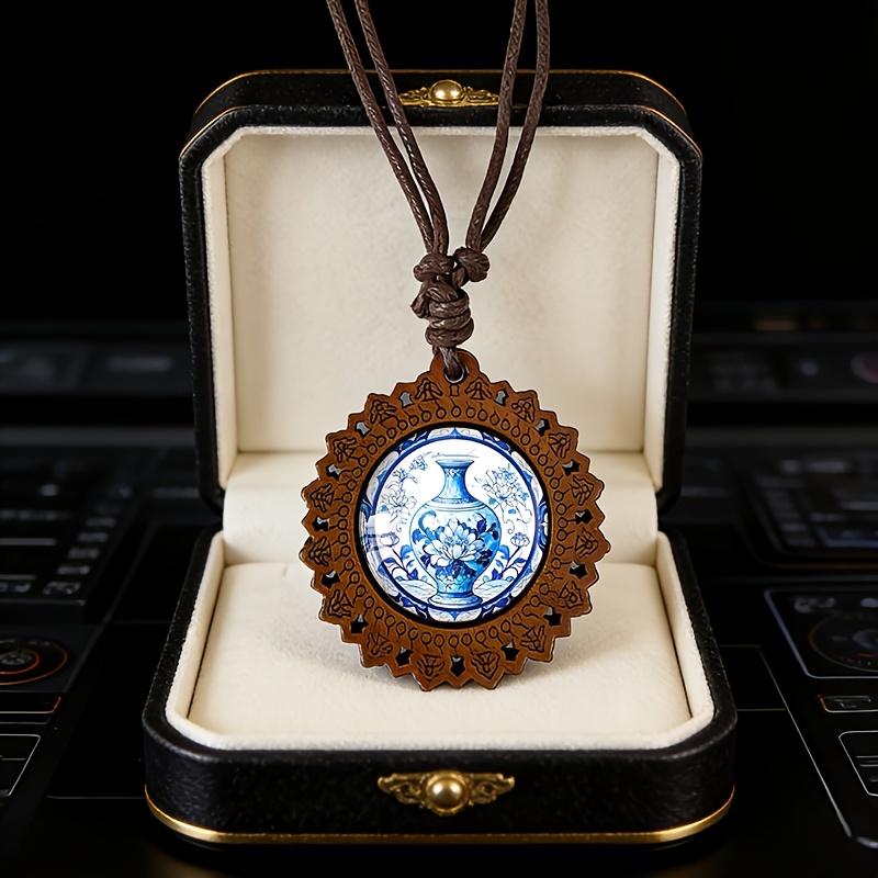 Porcelain Peony Wooden Necklace, Retro Style Gift