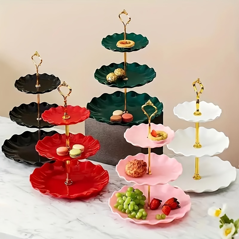 

1pc Elegant 3-tier Plastic Serving Tray With Golden Accents, , For Tea, Party , Cake & Pastry Display, Dried Fruit, Outdoor Kitchen Utensil, Food Contact Safe, Plastic Material