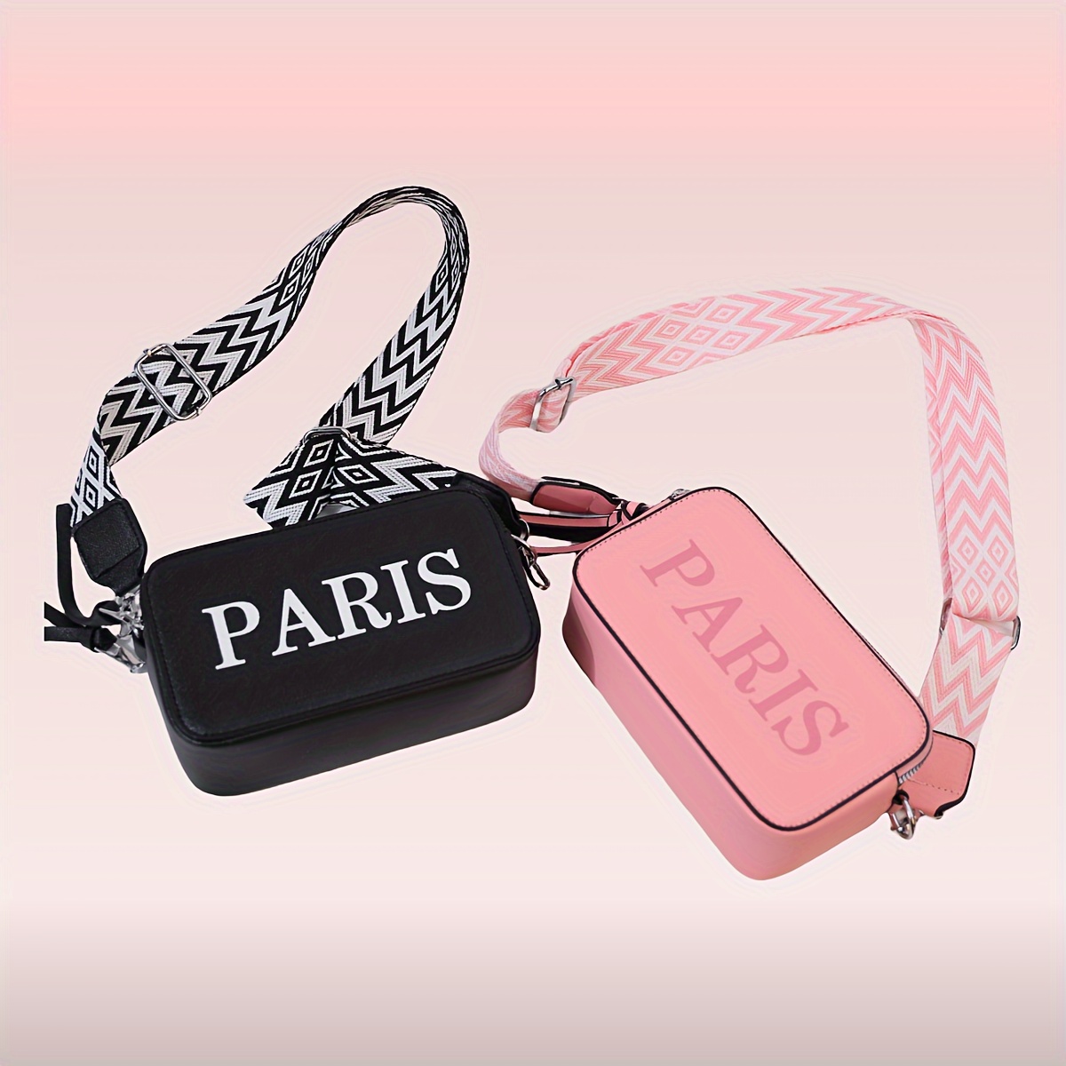 

Sac Bandoulière MICRO POLY à Thème Paris avec Bandoulière Géométrique Ajustable – Sac à Épaule de Voyage Élégant Noir & Rose pour Femmes et Hommes, Design Léger & , Petit Sac Bandoulière