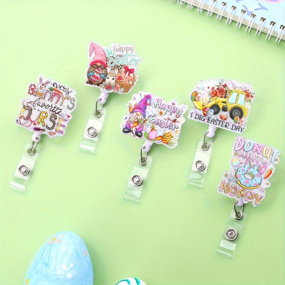 1pc Easter Retractable Acrylic Badge Reel with Alligator Swivel Clips Cute  Glitter Bunny Egg Nurse ID Badge Reel Holder for Easter Party Decor Volunte