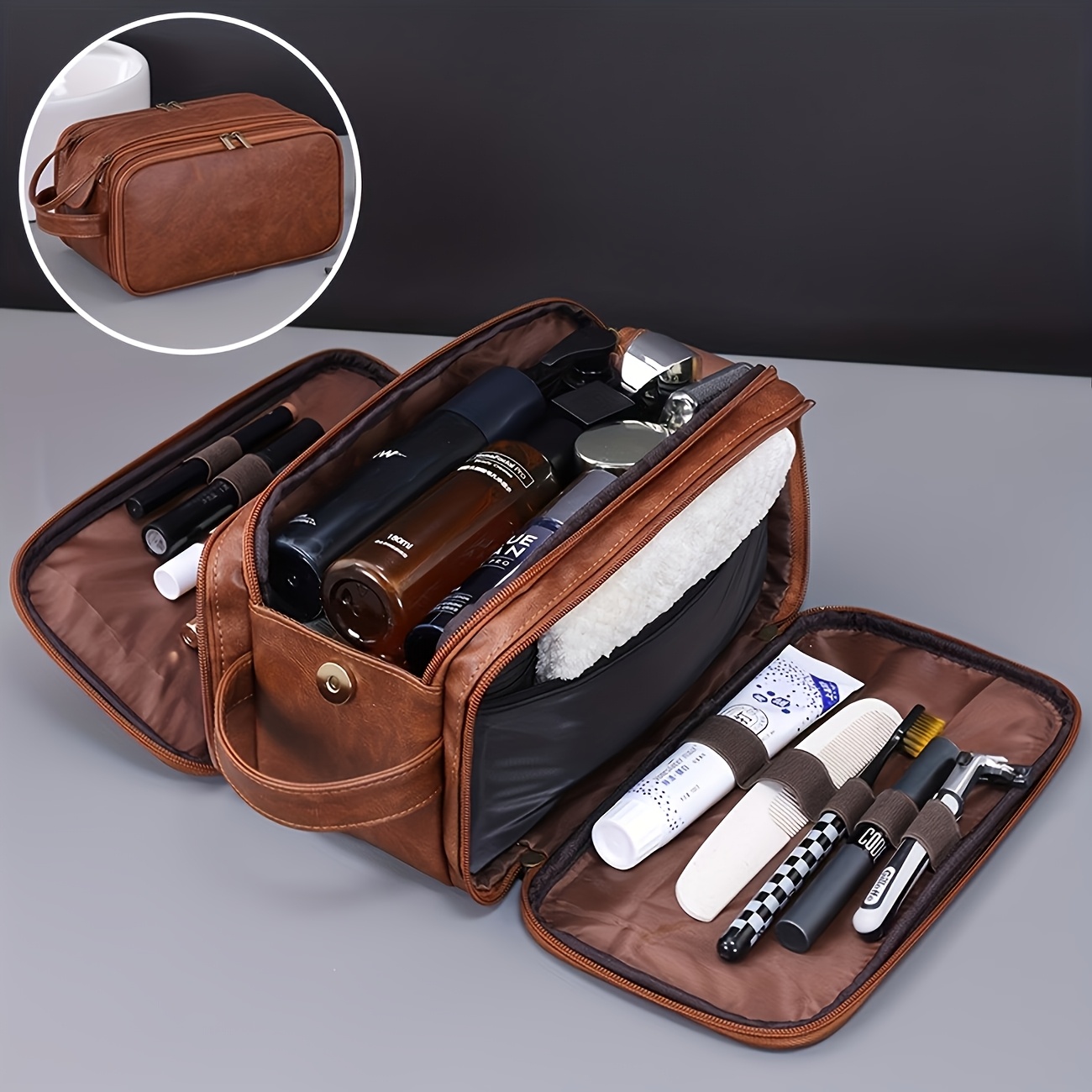 TEMU Trousse de toilette pour homme grande capacité, texture vintage double couche multi-compartiments, organisateur de voyage d'affaires, sac de