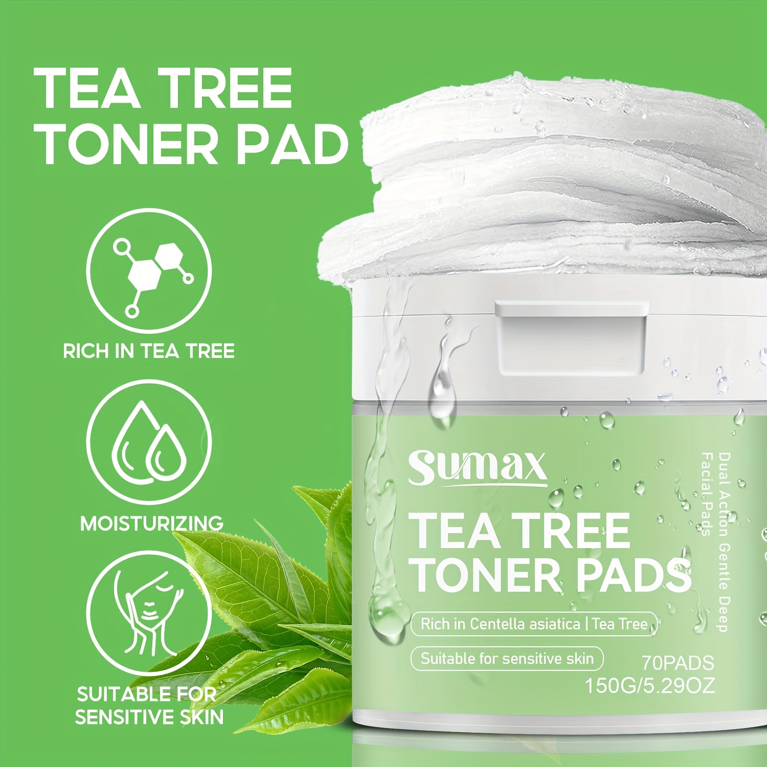 Image of Leaf Refreshing Moisturizing Pads With Salicylic Acid, Hyaluronic Acid, Niacinamide, Centella Asiatica Extracts, Fast Absorbing, Moisturizing, , , Refreshing, Non-greasy, Suitable For Types