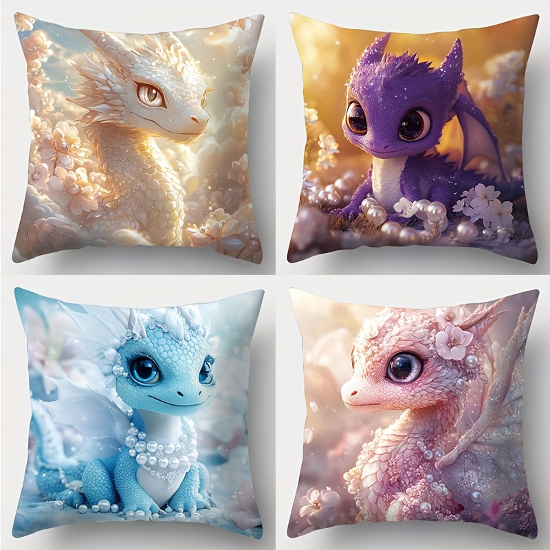 TEMU 4pcs Set, Printed Pillowcase, Cartoon Dragon, Pearl Decoration, , Purple, Green Flower Dragon, Fantasy Style, Anime Aesthetics. Suitable For