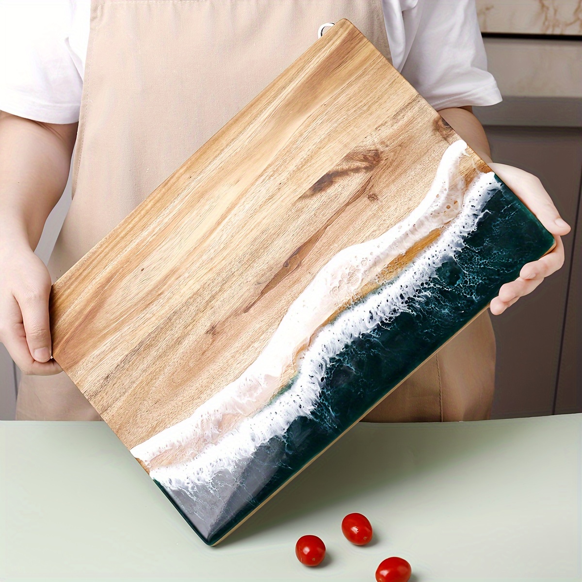 

Wave Resin Acacia Wood Cutting Board - 1pc Creative Wooden Chopping Board For Home Use - Food Contact Safe, Multipurpose Fruit And Vegetable Slicing Board With Unique Wave Design