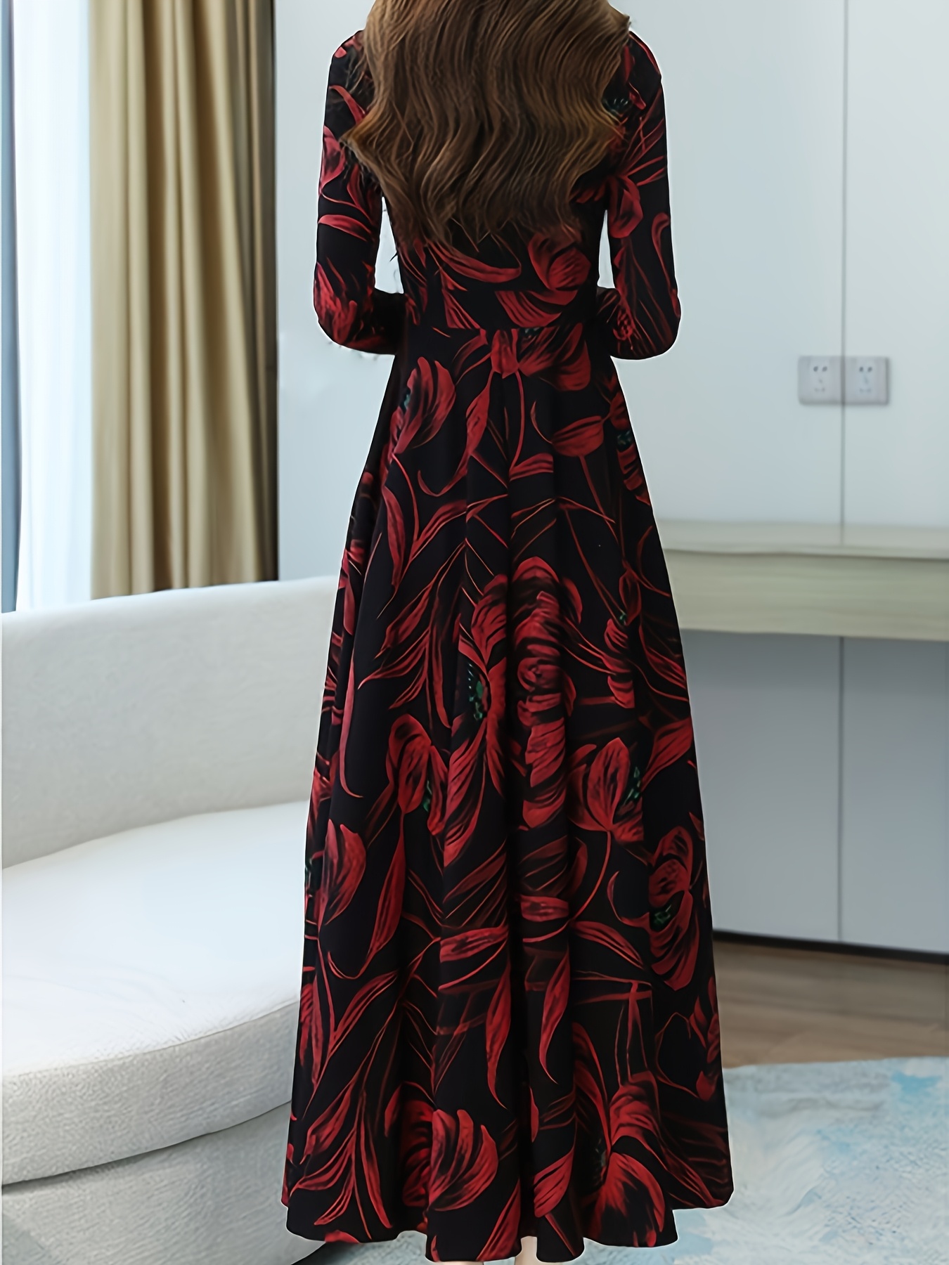 Red floral print maxi dress with ruched waist A line silhouette model wearing dress