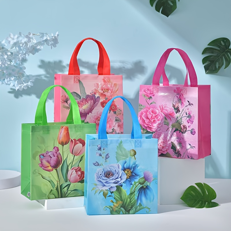 

8pcs Floral Polyester Gift Bags, Reusable Shopping Tote Bags, Leaf Theme , With Handles, For Valentine's Day &