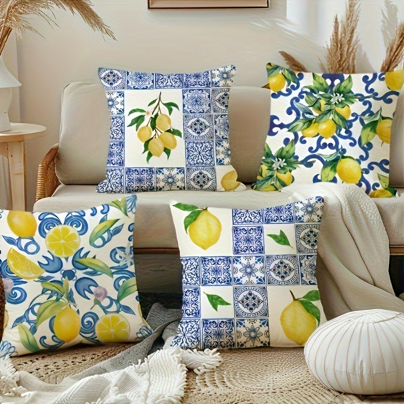 

4-piece Set Modern Lemon Pattern Linen Throw Pillow Covers 18x18 Inch - Machine Washable With Invisible Zipper For Sofa, Car, Bedroom Decor - Baroque Style Lemon & Ceramic Tile Design