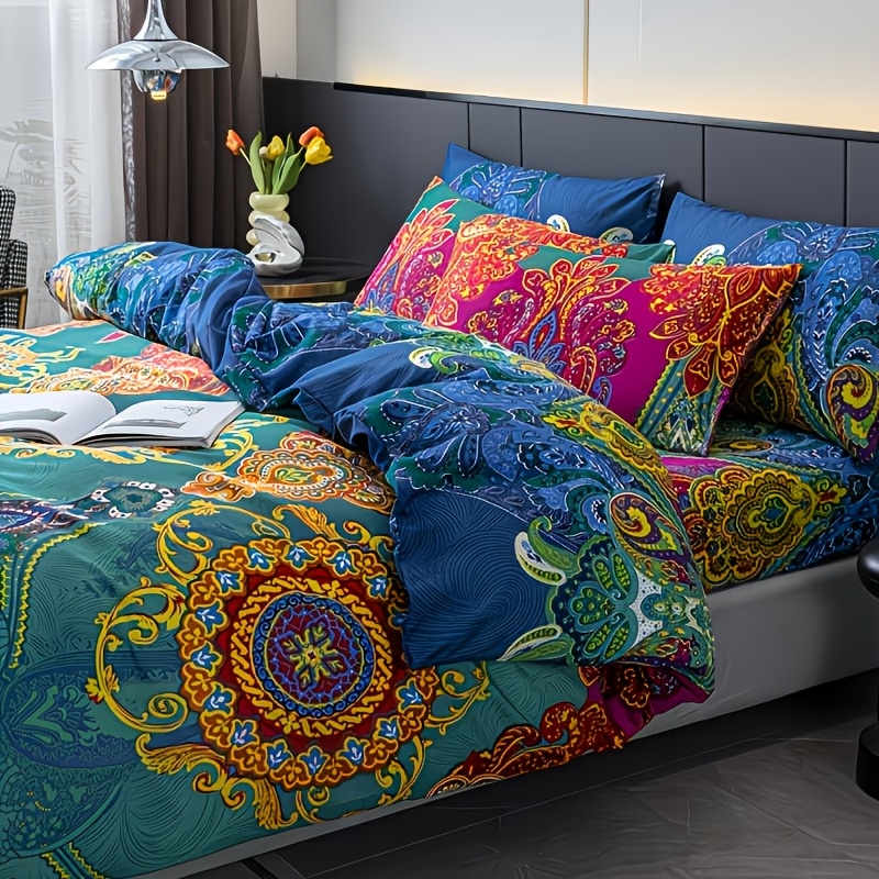   3-teiliges bettwäsche-set im ethnischen stil mit einem bunten, gebürsteten bettbezug und kissenbezügen,   für zuhause, schlafzimmer, gästezimmer und studentenwohnheime. dieses dreiteilige set ist für alle jahreszeiten   und ist in größen für doppel- und einzelbetten erhältlich.