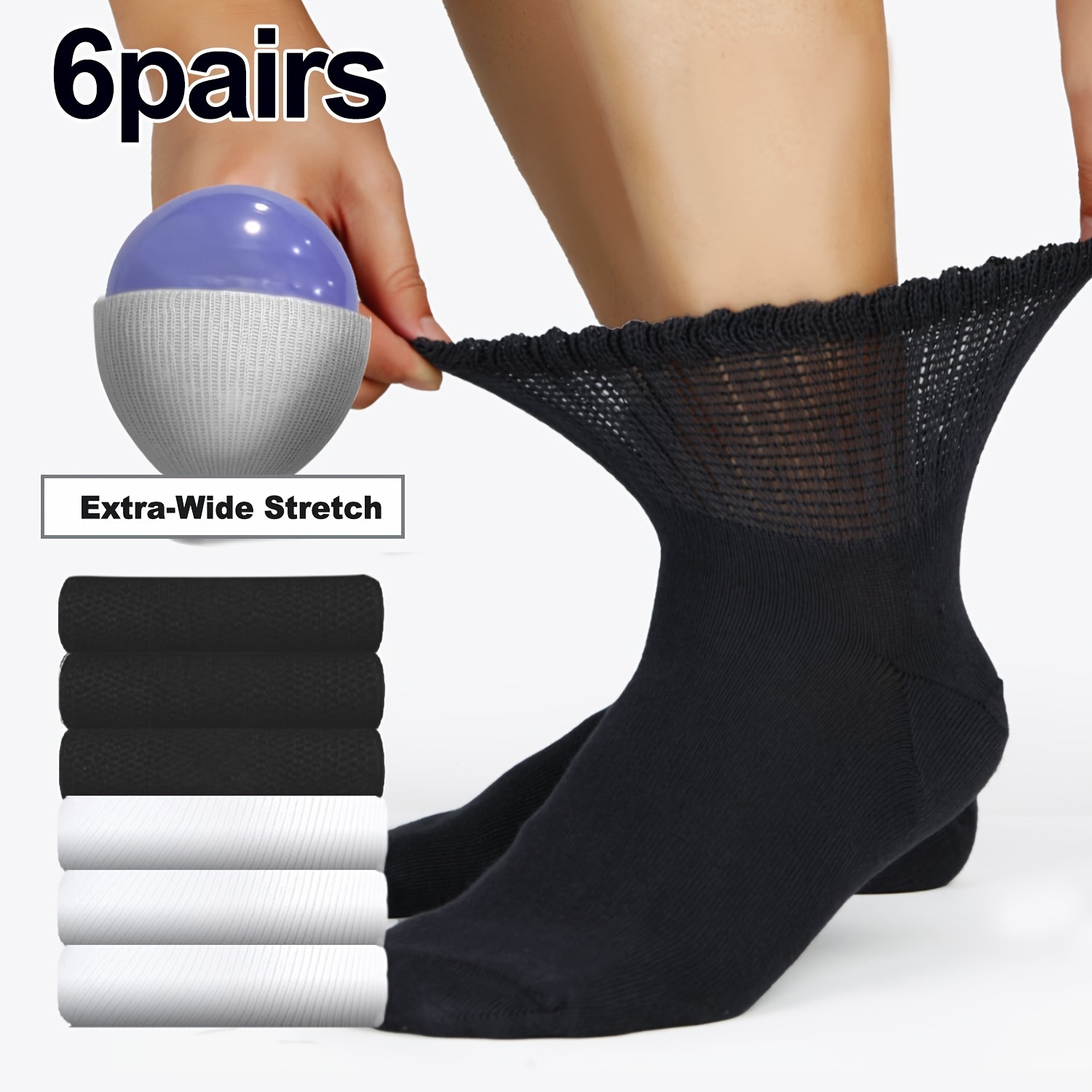 

6-pack Unisex Diabetic Ankle Socks - Viscose , Non-binding Top, Flat Knit, Soft & Comfortable, Machine Washable, Unscented