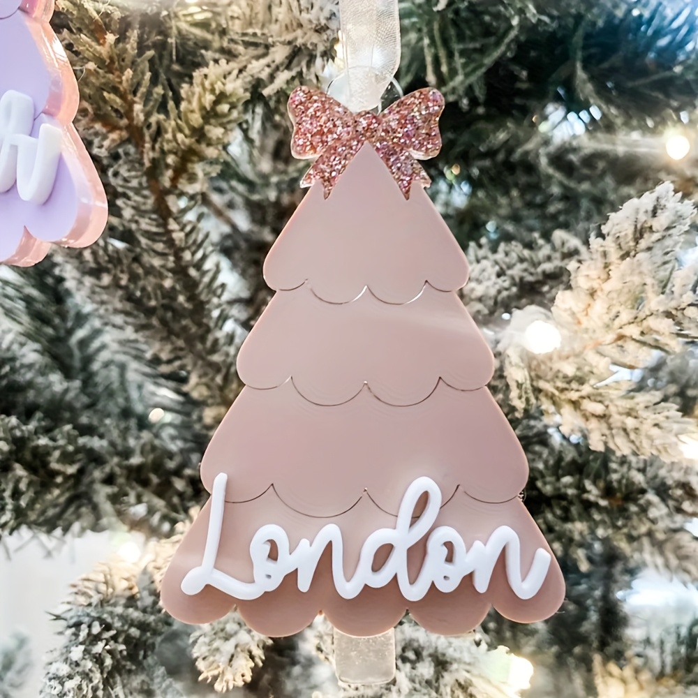 TEMU 1pc Custom Acrylic Christmas Tree Nameplate Pendant, Cute Christmas Tree Shaped Tag, Personalized Bow Christmas Tree Decor Nameplate, Christmas