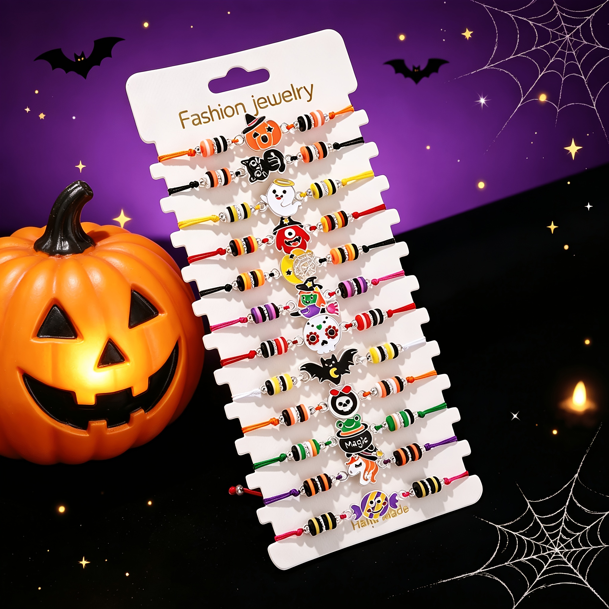 TEMU 12 bracelets à breloques d'Halloween pour enfants, bracelets à corde tressée réglables avec breloques en émail de citrouille, , chauve-souris et