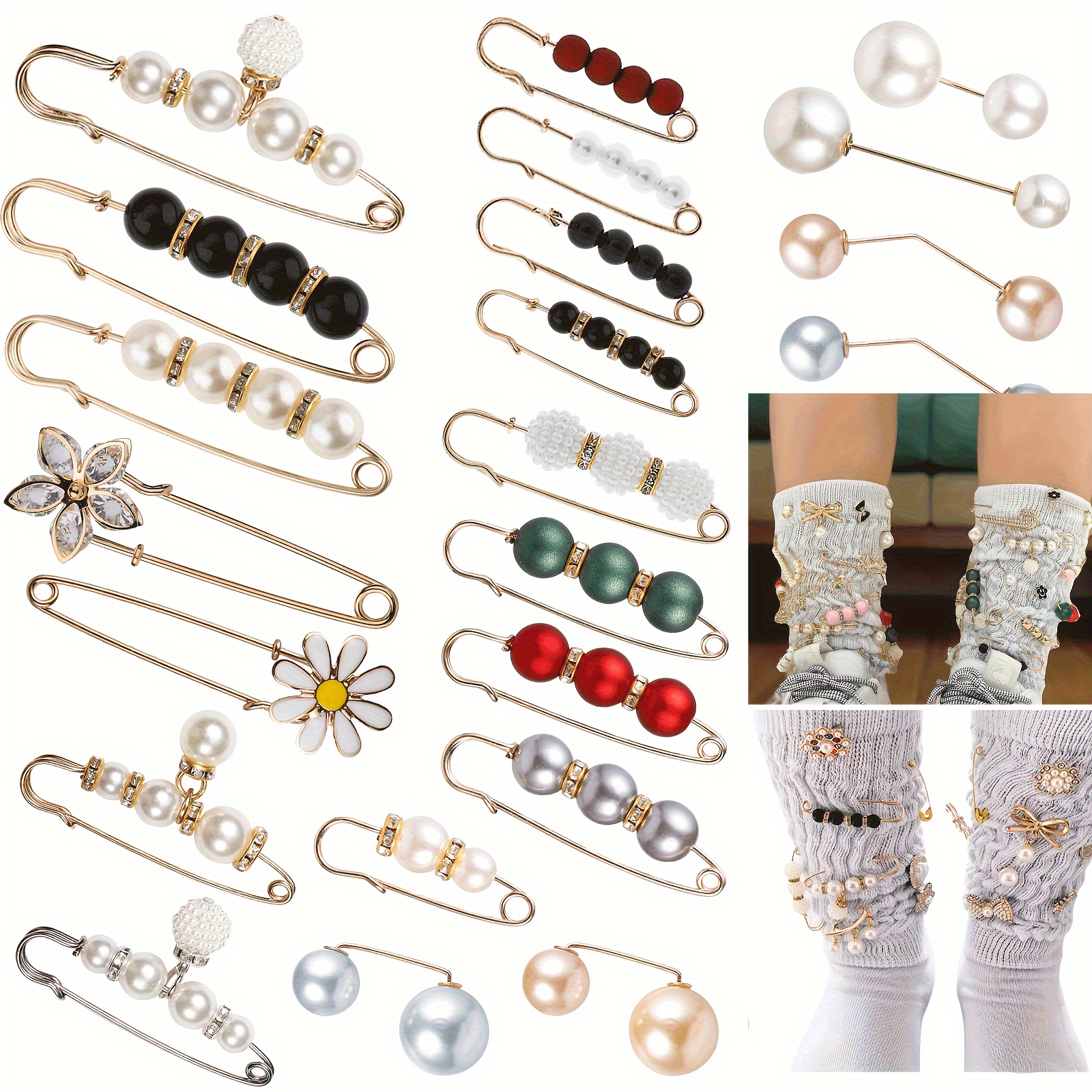 

20pcs Ywli Mixed Sock Charm Set - Elegant Golden-tone Alloy Brooch Pins With Pearls, Flowers & Beads - Diy Accessory Kit For Socks And Shoes