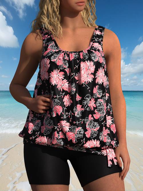 new european and size tankini two piece set with floral print swimsuit for women