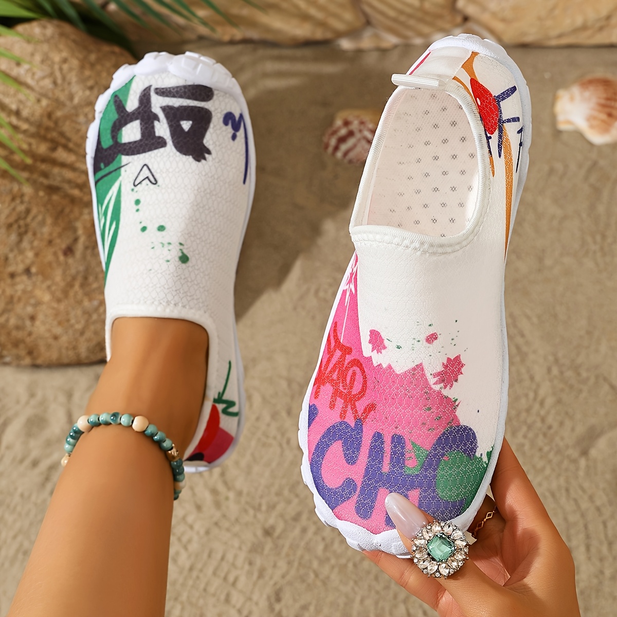 TEMU Women's Quick- Shoes — Fashionable Slip-on Sneakers With Hand-painted Graffiti Letters And Ink Splatter Design, Lightweight, Quick-drying, And