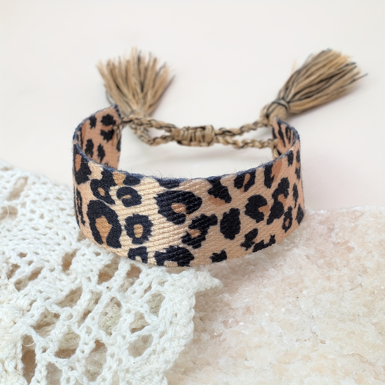 Image of Leopard Print Handmade Braided Vintage Tassel Adjustable Bracelet For, Popular For Holiday Parties, Travel, And Daily Wear, For Teenager