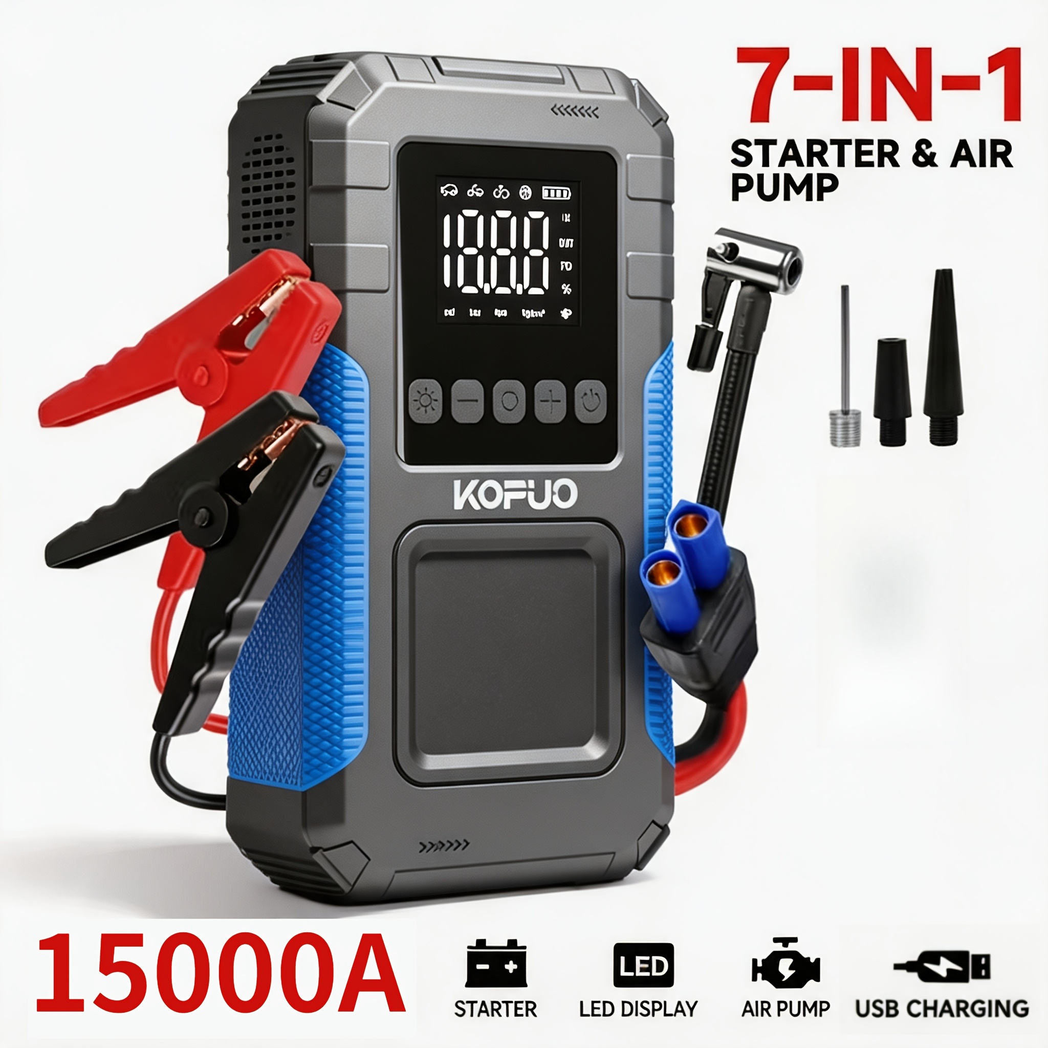 Image of 15000a Portable Car Jump Starter With 160psi Air Compressor, 12v Emergency Battery To 8.0 Gas/6.5l Engines, 7-in-1 Power Bank With Lcd Display And Led Lights