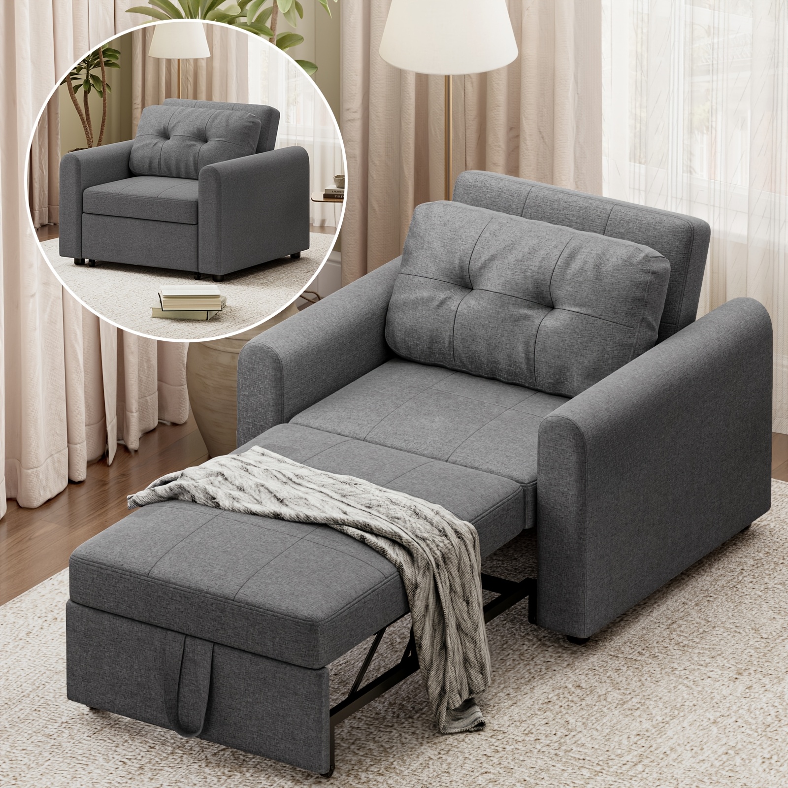 3-in-1 Convertible Single Sofa Bed With Pull-out Sleeper, Adjustable Backrest & Foam - Space- Bed/sofa/chair For Small Apartments, Dorms, - Assembly, Grey Modern Furniture (no Wood)