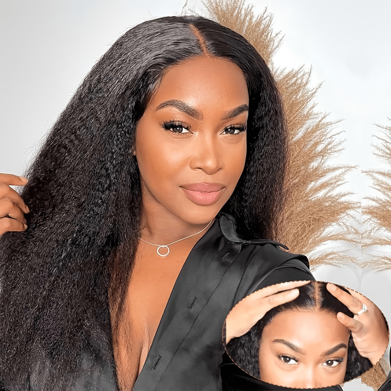Image of Glueless Wigs Kinky Straight Human Hair Pre Cut 4x4 Lace Closure Wigs 180% Density Kinky Straight Glueless Wigs Human Hair For Women Natural Black
