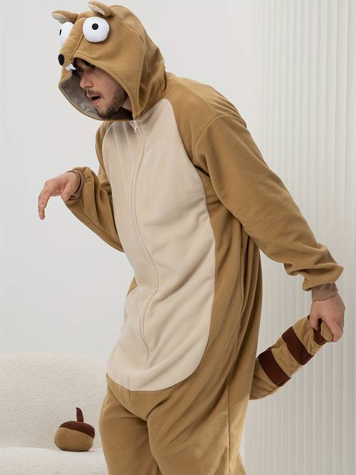 zipper animal jumpsuit comfortable and soft polyester long sleeve hooded with pockets inside suitable for halloween cartoon party casual outerwear birthday gifts