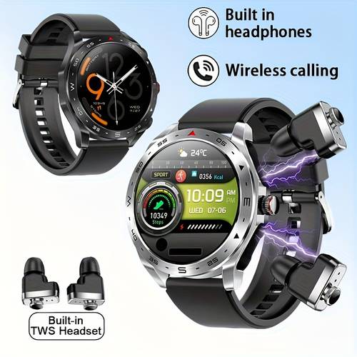 mens 1 5 in 1 smartwatch with tws earbuds fitness wireless calls 400mah battery alloy case silicone strap usb charging double explicit display ideal for outdoor sports daily wear