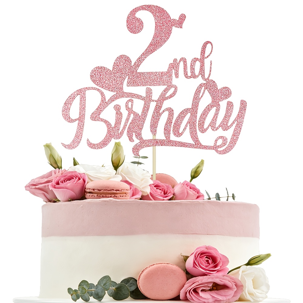 Pink Glitter Cake Topper 1pc, Heart Second Birthday Cake Pick For Girls Baby Toddler 2 Years Old Birthday Party Supplies, Kids Birthday Cake Decorations Dessert Table Baking Food Picks