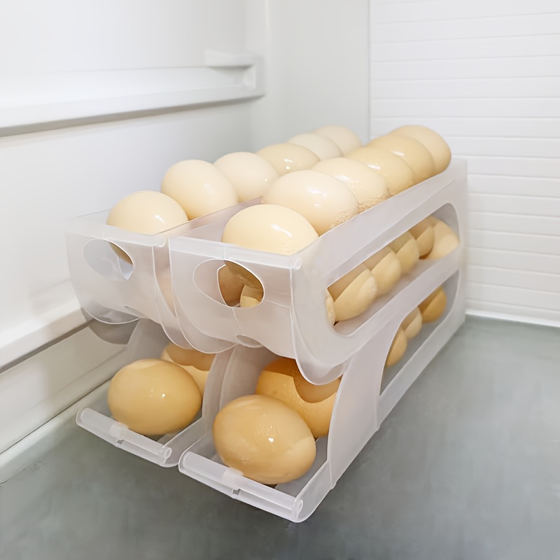 3-Tier Egg Storage Rack for Refrigerator & Kitchen Countertop - Sliding & Rolling Dispenser with Automatic Egg Pickup, Food-Safe Plastic, Space-Saving Design for Freshness Preservation, Egg Organizer for Refrigerator, Compact Layout, Durable Plastic, Meal Preppers, Modern Kitchenware, Hygienic Material, Home Cooks