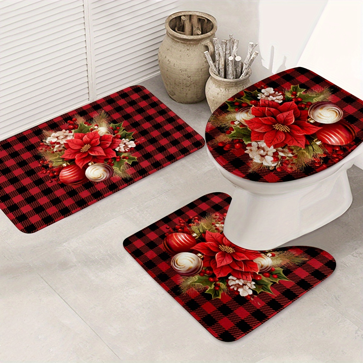 

Christmas 3pcs Bathroom Rug Set - Non-slip, Washable Mats For Kitchen & Bedroom Decor - Includes Bath Mat, Contour Mat & Toilet Lid Cover, For Christmas