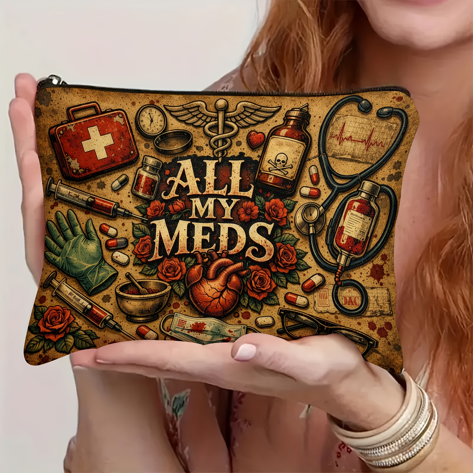 TEMU 1pc, Material: Makeup Bag, Vintage Gothic Print Storage Pouch, Medicine Pouch, And Some Small Item Pouches, Themed " Meds," Easy To Carry When