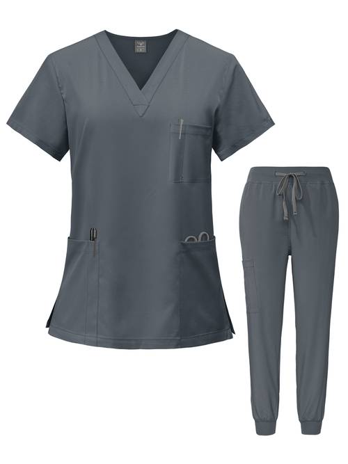 komplety odzieży medycznej dla pielęgniarek: bluza z dekoltem w i spodnie typu jogger, odzież chirurgiczna, odzież dentystyczna, strój pielęgniarski, odzież robocza dla lekarzy szpitalnych