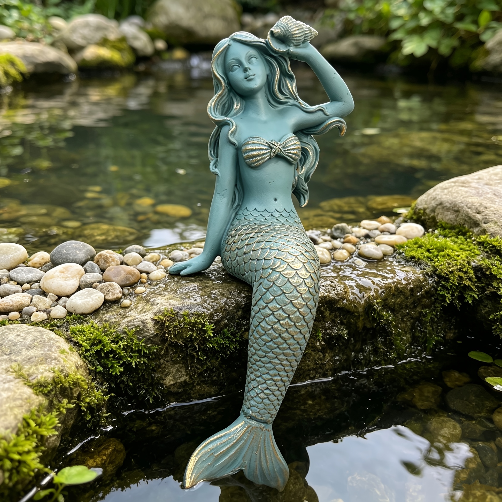 1 kos Retro Elegantna Skulptura Sirene iz Školjk, Ročno Poslikan Okras iz Smole Sirene, Modna Dekoracija za Vrt z Vodnim Elementom na Plaži