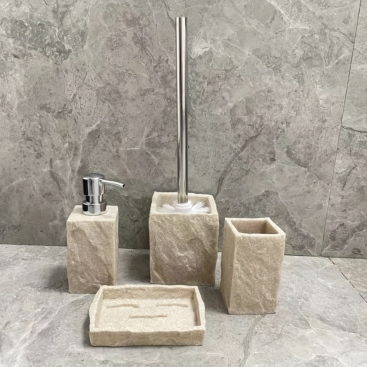 Image of Classic Granite Effect Resin Bathroom 4pcs Set Soap Lotion Dispenser Bottle Tumbler Soap Dish Toilet Brush Holder